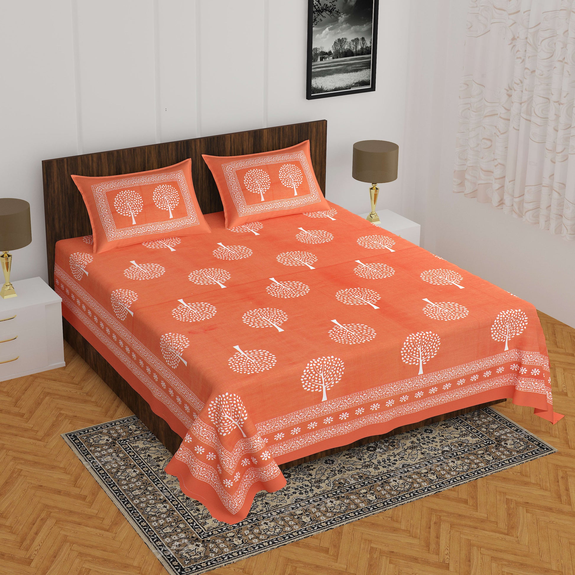 Cotton Double Jaipuri Prints Bedsheet  (Pack of 1, ORANGE)