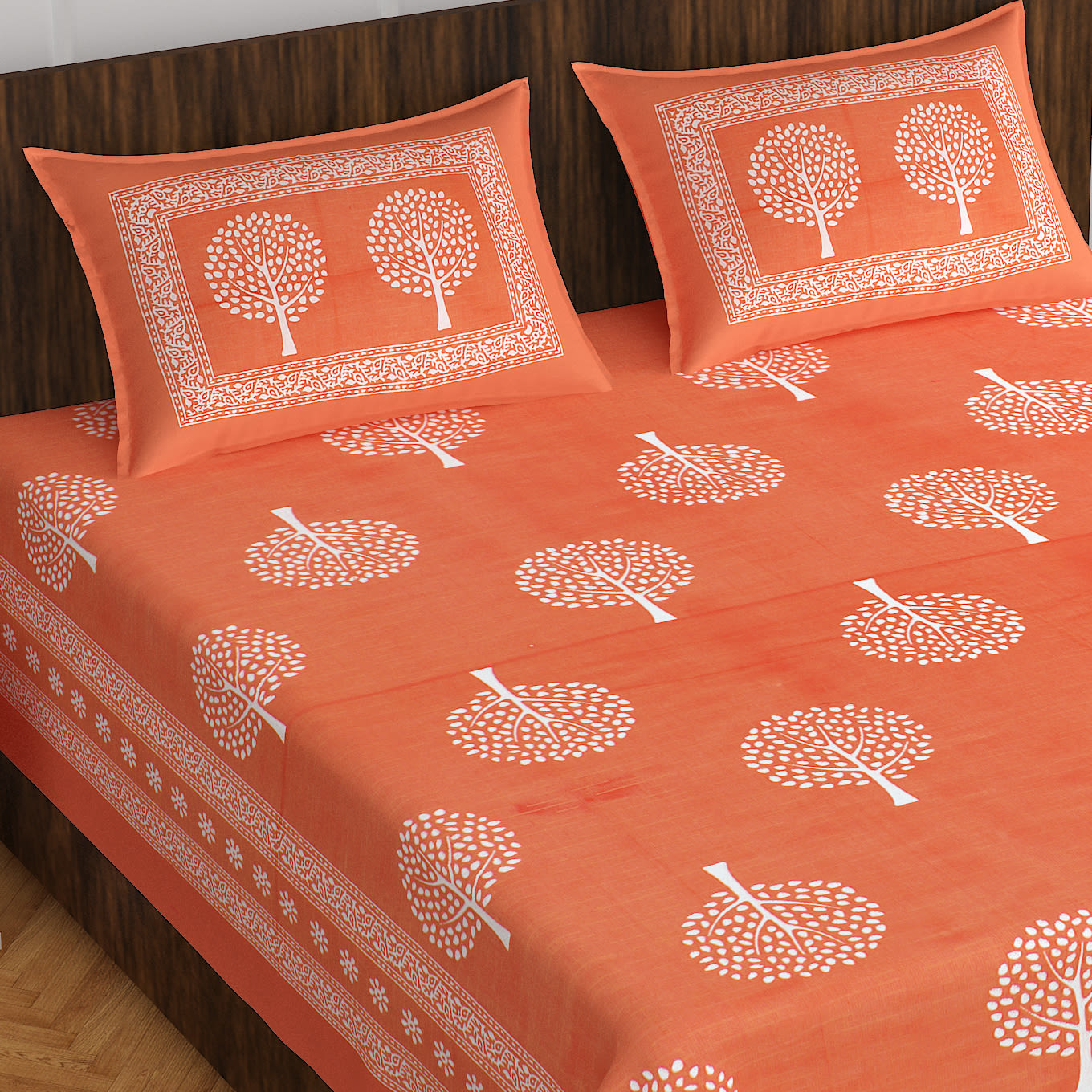 Cotton Double Jaipuri Prints Bedsheet  (Pack of 1, ORANGE)