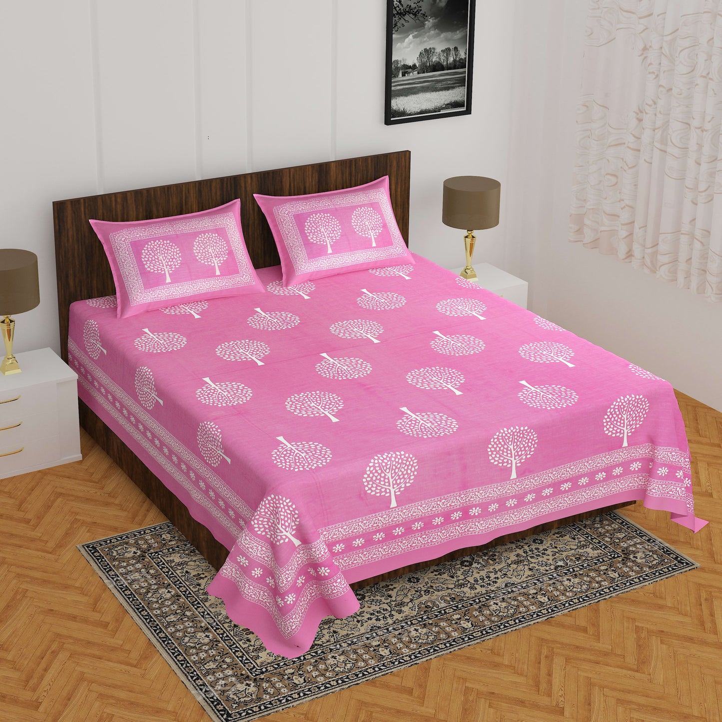 Cotton Double Jaipuri Prints Bedsheet  (Pack of 1, PINK)