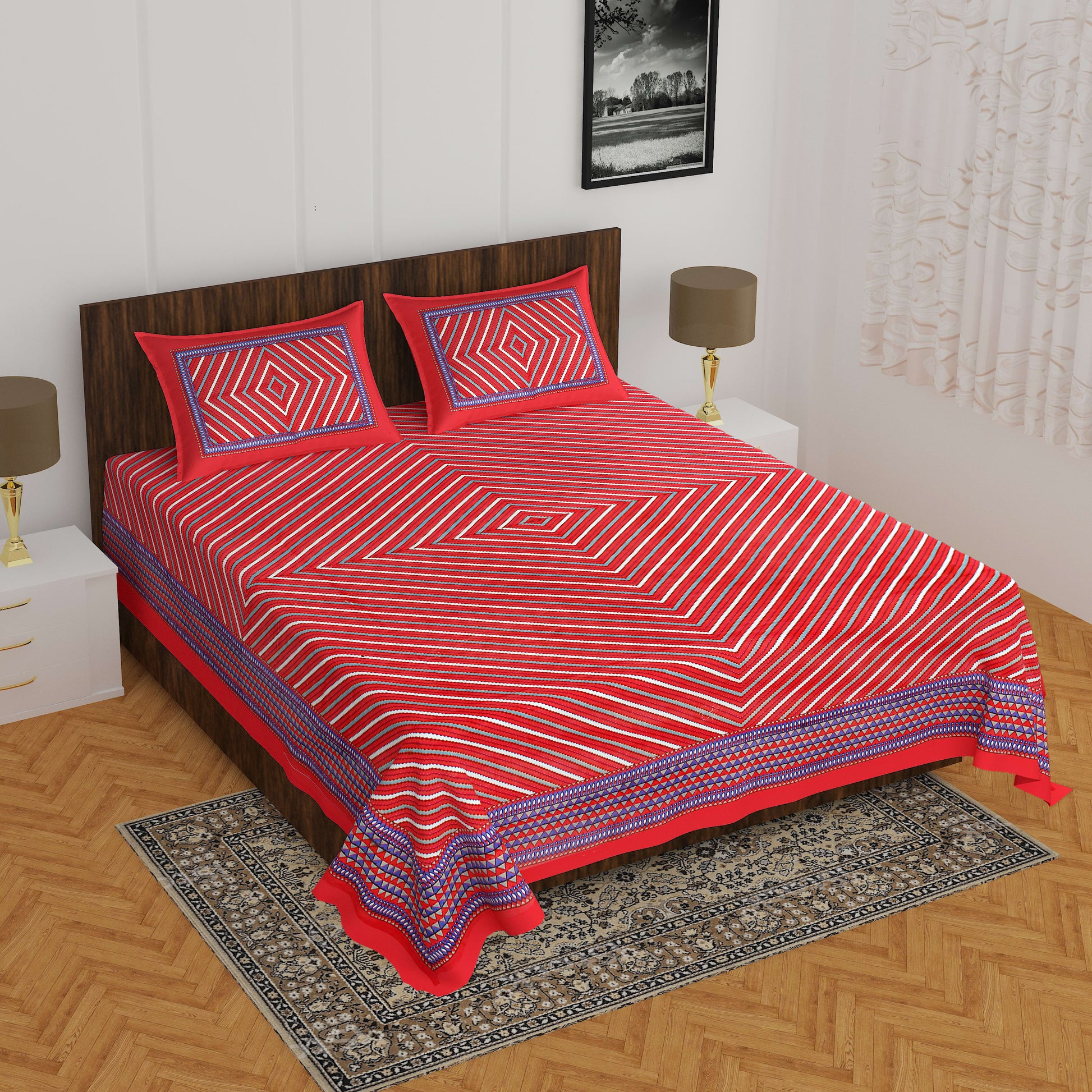 Cotton Double Jaipuri Prints Bedsheet  (Pack of 1, RED)