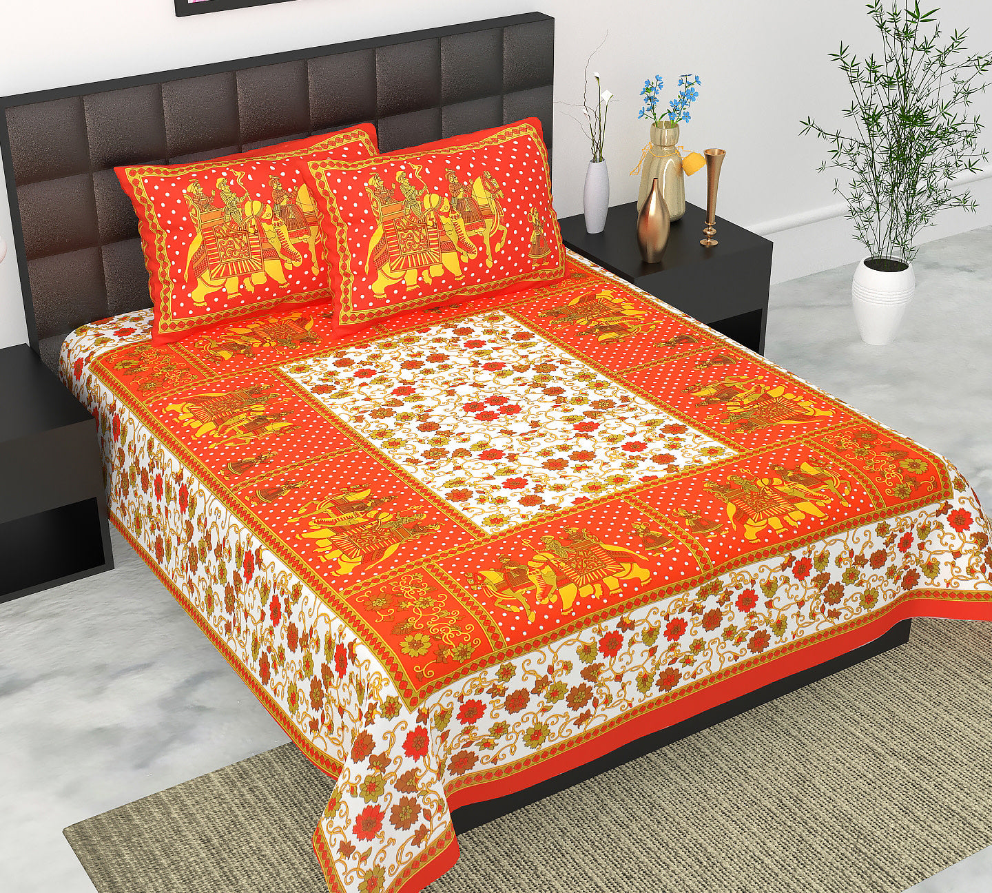 Cotton Double Jaipuri Prints Flat Bedsheet  With 2 Pillow Cover