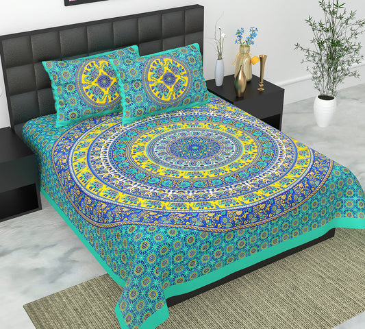 Cotton Double Jaipuri Prints Flat Bedsheet  With 2 Pillow Cover