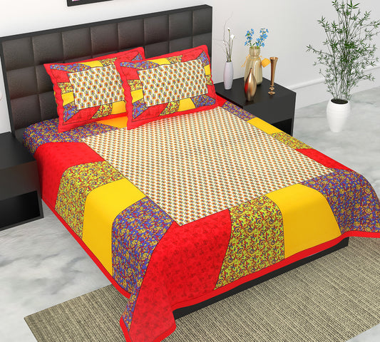 Cotton Double Jaipuri Prints Flat Bedsheet  With 2 Pillow Cover