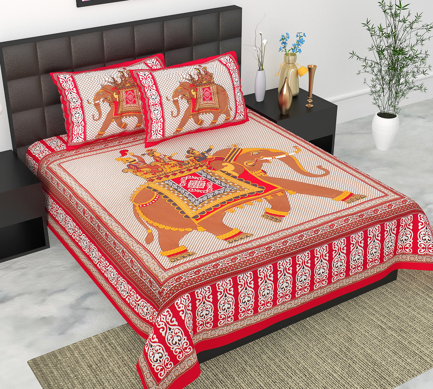 Cotton Double Jaipuri Prints Flat Bedsheet  With 2 Pillow Cover