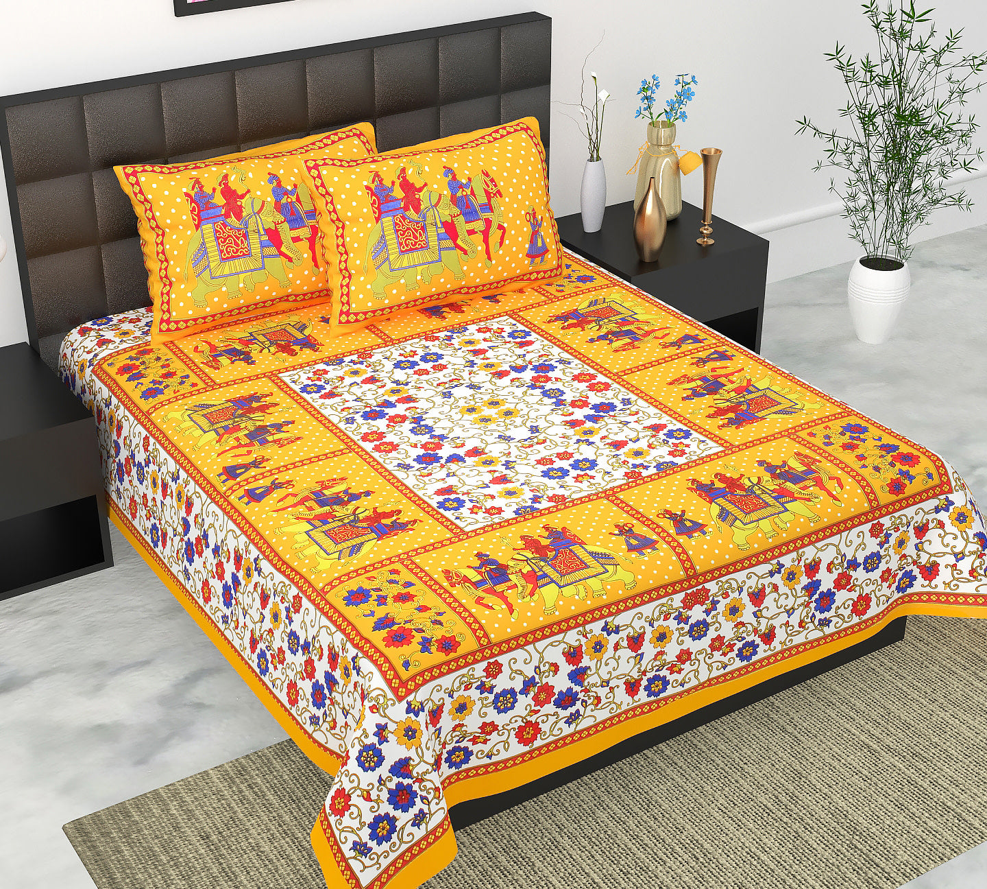 Cotton Double Jaipuri Prints Flat Bedsheet  With 2 Pillow Cover