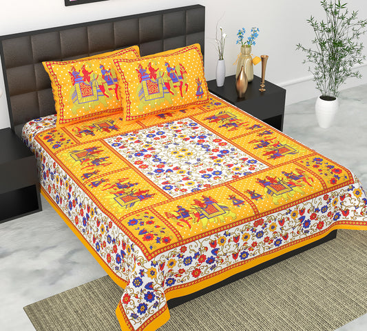 Cotton Double Jaipuri Prints Flat Bedsheet  With 2 Pillow Cover