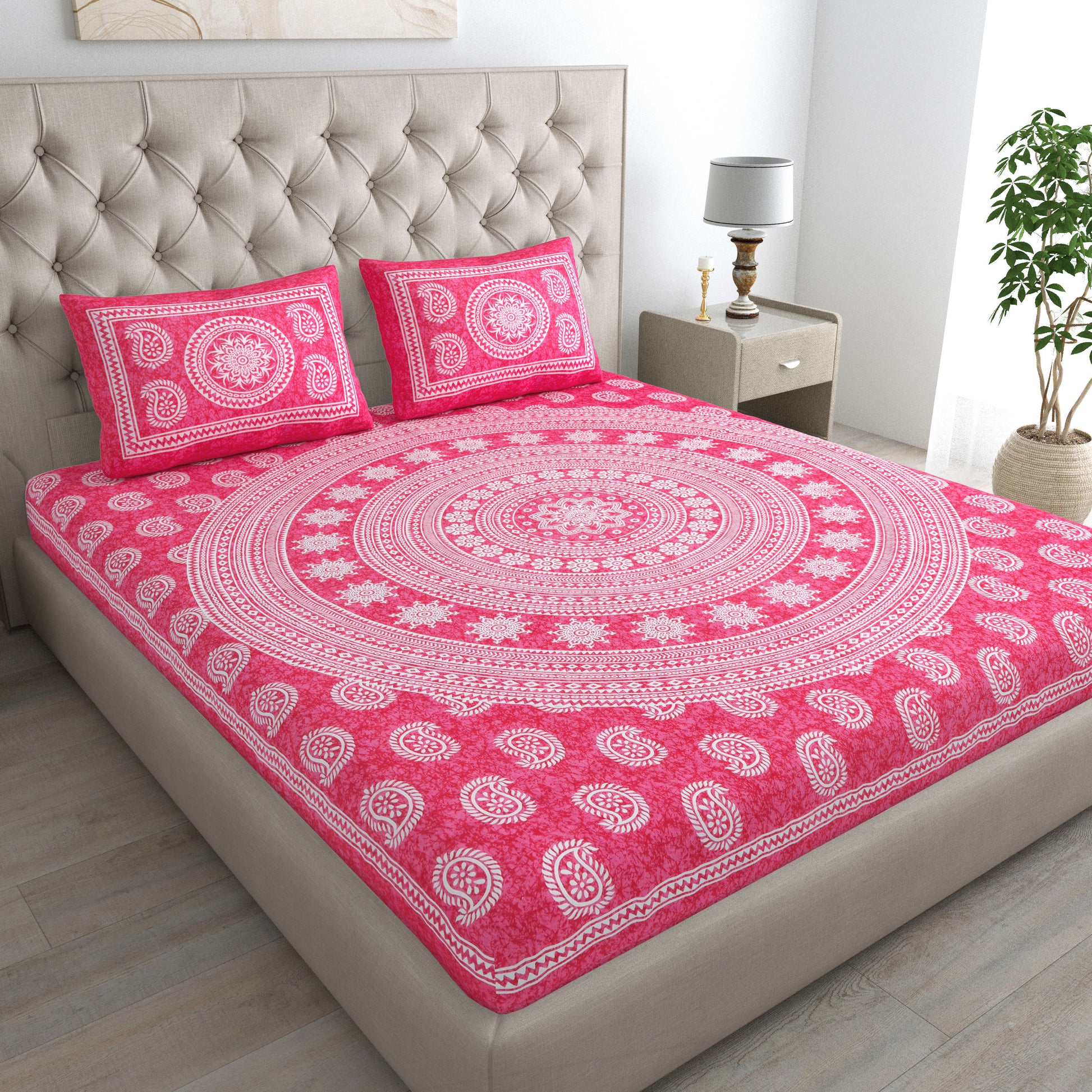 Cotton Double Jaipuri Prints Flat Bedsheet  With 2 Pillow Cover