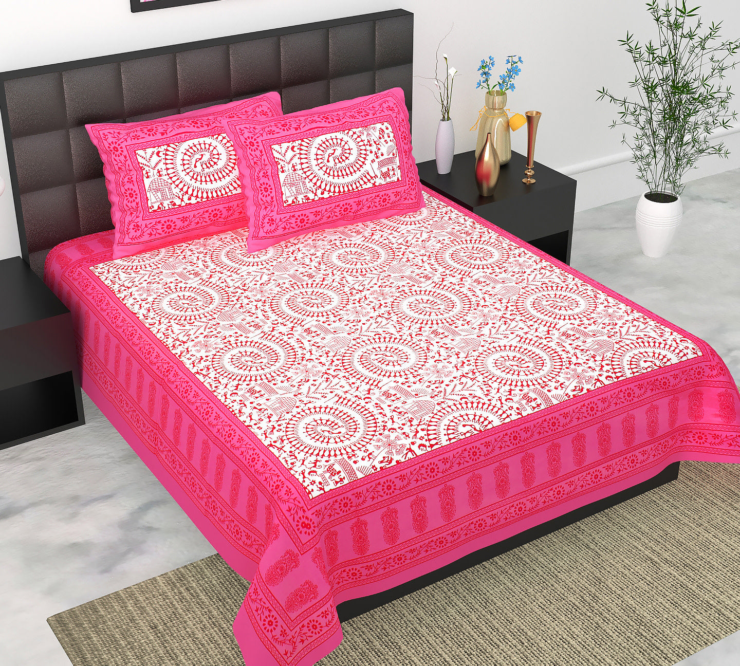 Cotton Double Jaipuri Prints Flat Bedsheet  With 2 Pillow Cover