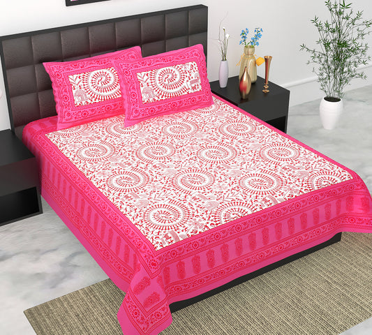 Cotton Double Jaipuri Prints Flat Bedsheet  With 2 Pillow Cover