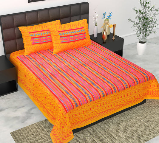 Cotton Double Jaipuri Prints Flat Bedsheet  With 2 Pillow Cover