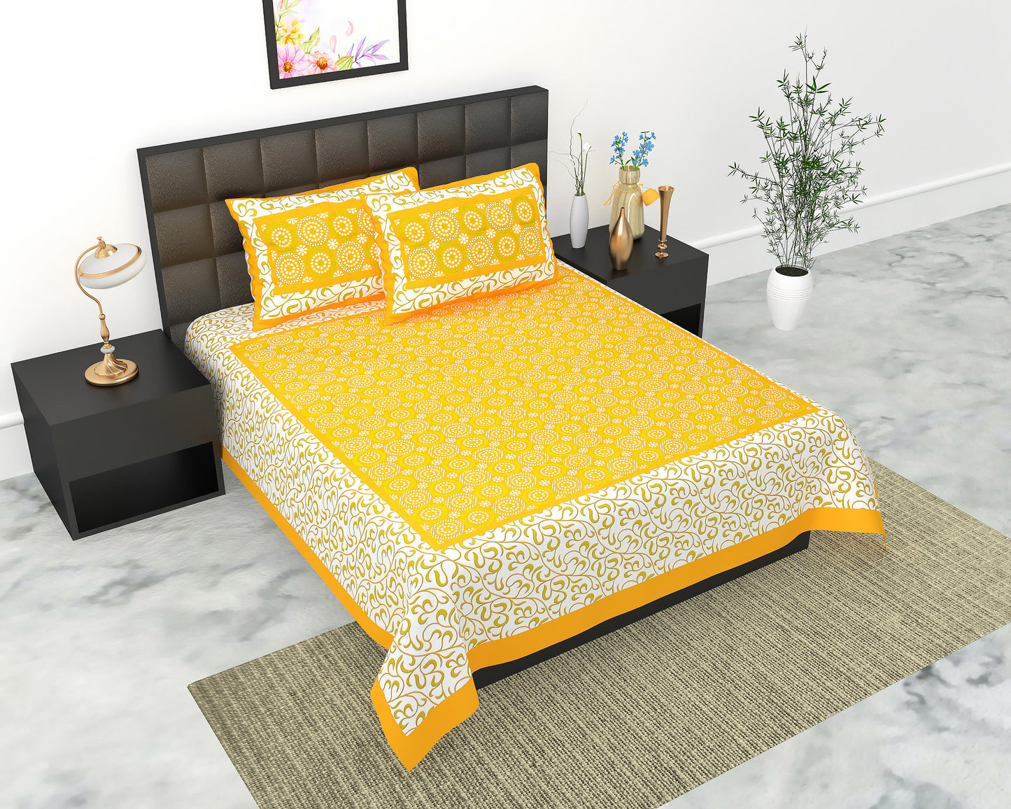 Cotton Double Jaipuri Prints Flat Bedsheet  With 2 Pillow Cover