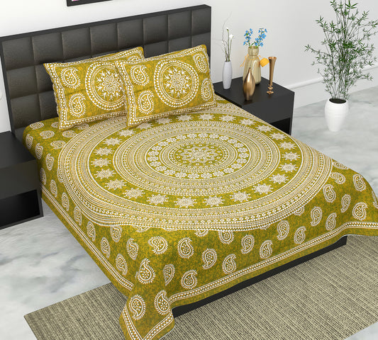 Cotton Double Jaipuri Prints Flat Bedsheet  With 2 Pillow Cover