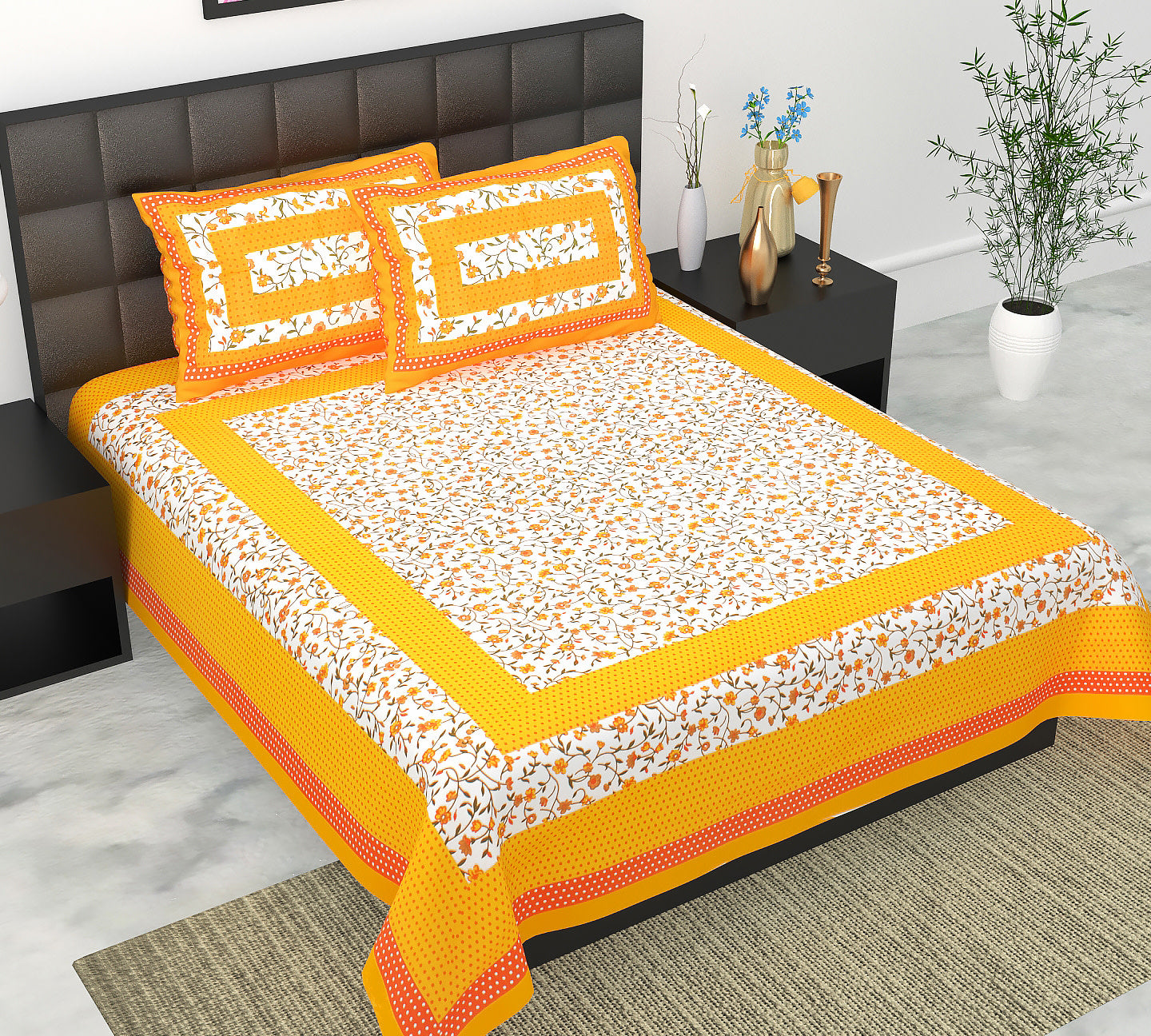 Cotton Double Jaipuri Prints Flat Bedsheet  With 2 Pillow Cover