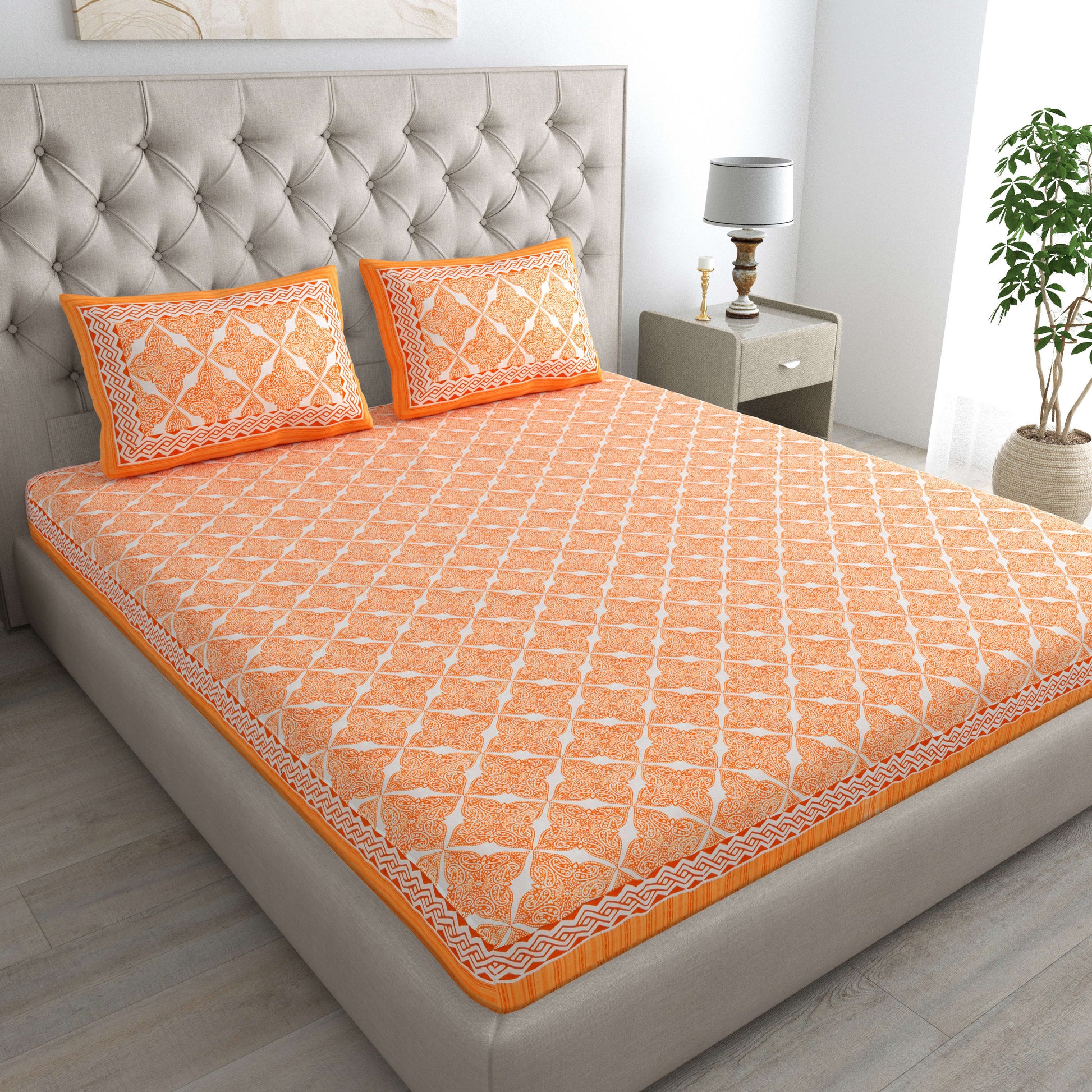 Cotton Double Jaipuri Prints Flat Bedsheet  With 2 Pillow Cover