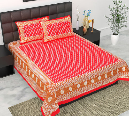 Cotton Double Jaipuri Prints Flat Bedsheet  With 2 Pillow Cover