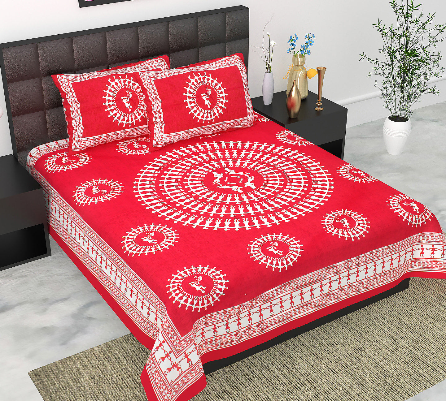 Cotton Double Jaipuri Prints Flat Bedsheet  With 2 Pillow Cover