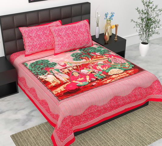 Cotton Double Jaipuri Prints Flat Bedsheet  With 2 Pillow Cover