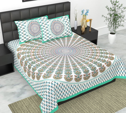Cotton Double Jaipuri Prints Flat Bedsheet  With 2 Pillow Cover
