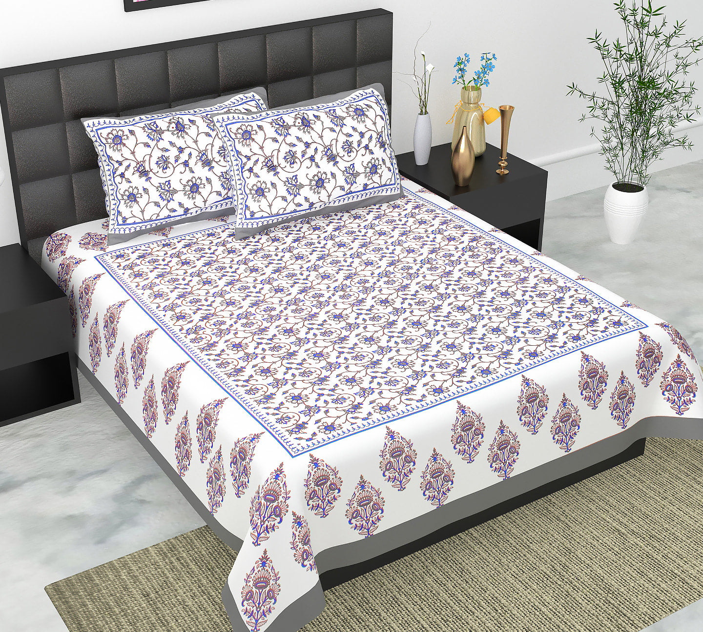 Cotton Double Jaipuri Prints Flat Bedsheet  With 2 Pillow Cover