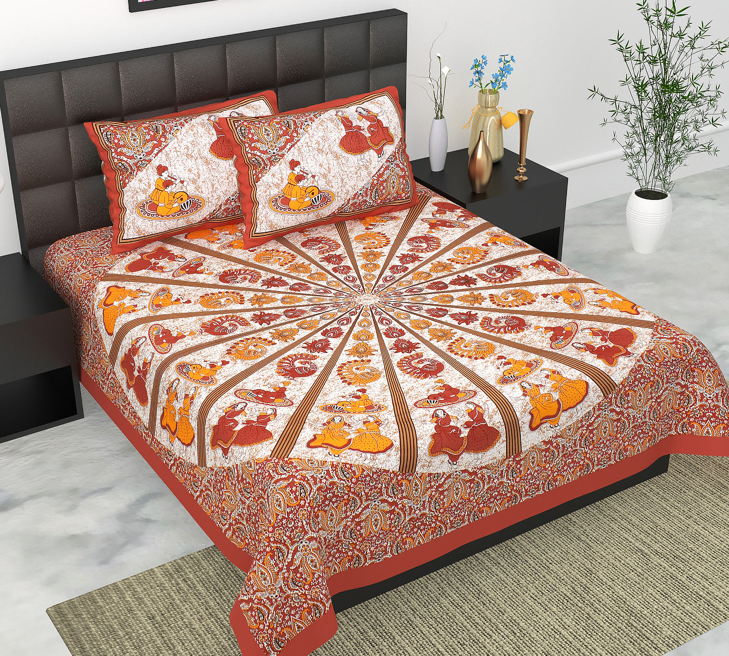 Cotton Double Jaipuri Prints Flat Bedsheet  With 2 Pillow Cover