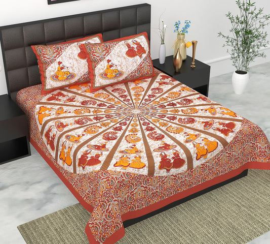 Cotton Double Jaipuri Prints Flat Bedsheet  With 2 Pillow Cover