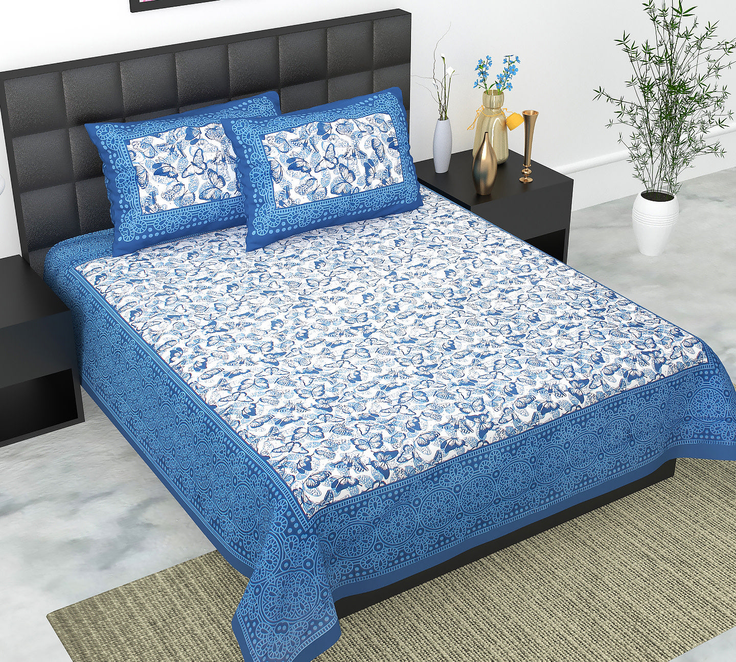 Cotton Double Jaipuri Prints Flat Bedsheet  With 2 Pillow Cover