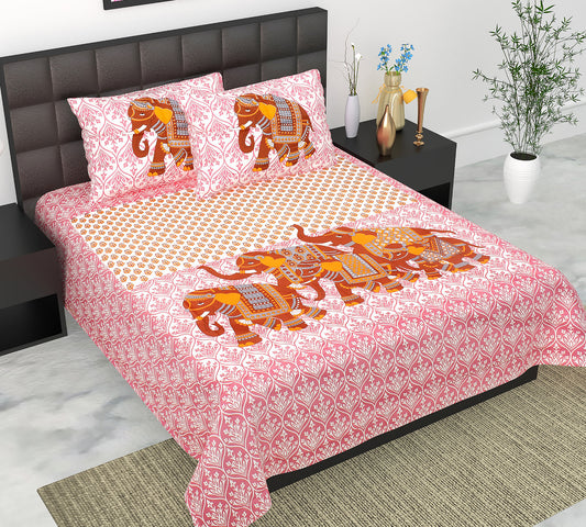 Cotton Double Jaipuri Prints Flat Bedsheet  With 2 Pillow Cover