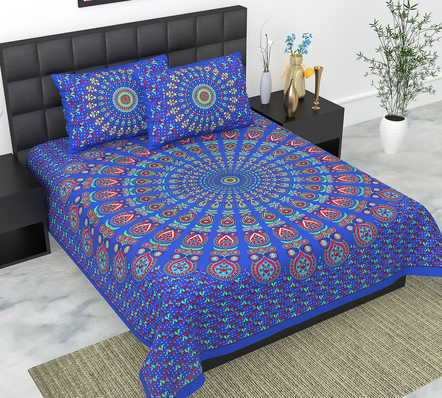 Cotton Double Jaipuri Prints Flat Bedsheet  With 2 Pillow Cover