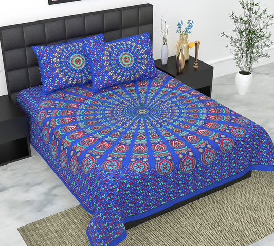 Cotton Double Jaipuri Prints Flat Bedsheet  With 2 Pillow Cover