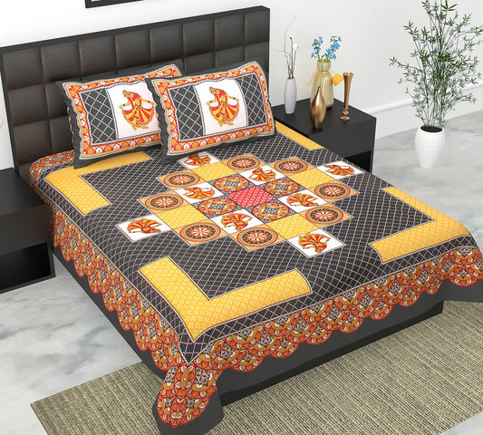 Cotton Double Jaipuri Prints Flat Bedsheet  With 2 Pillow Cover