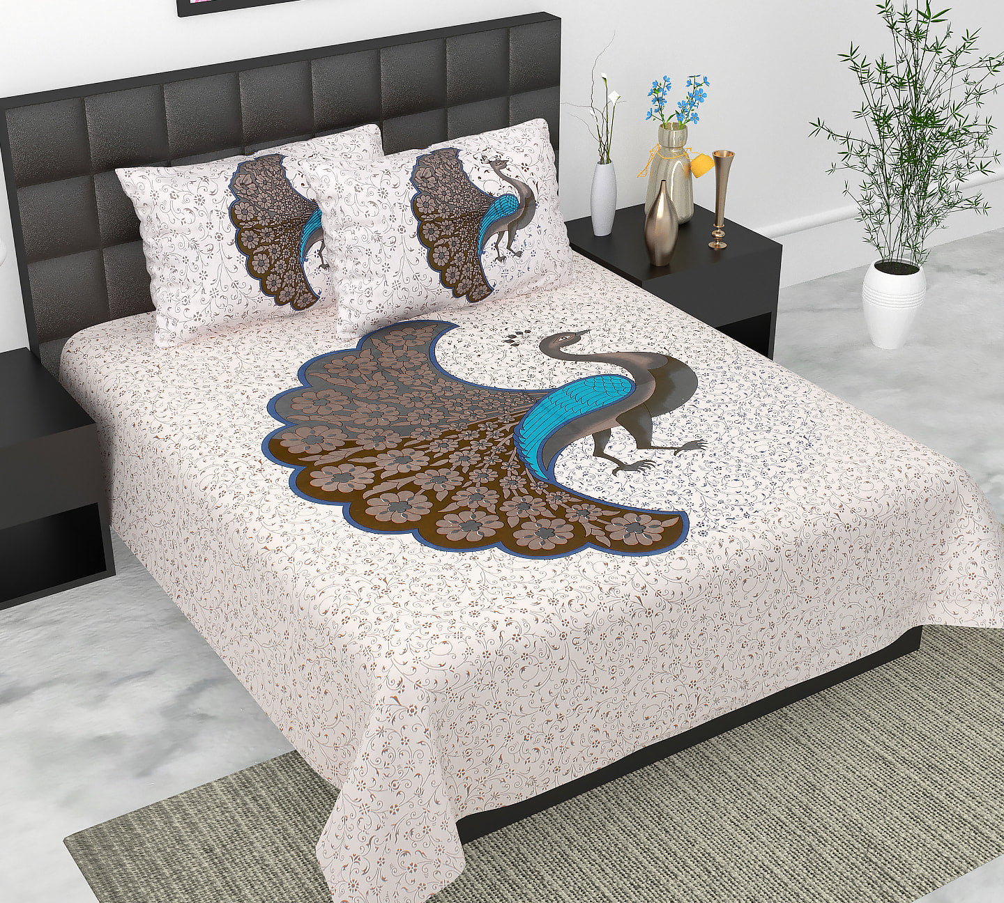Cotton Double Jaipuri Prints Flat Bedsheet  With 2 Pillow Cover