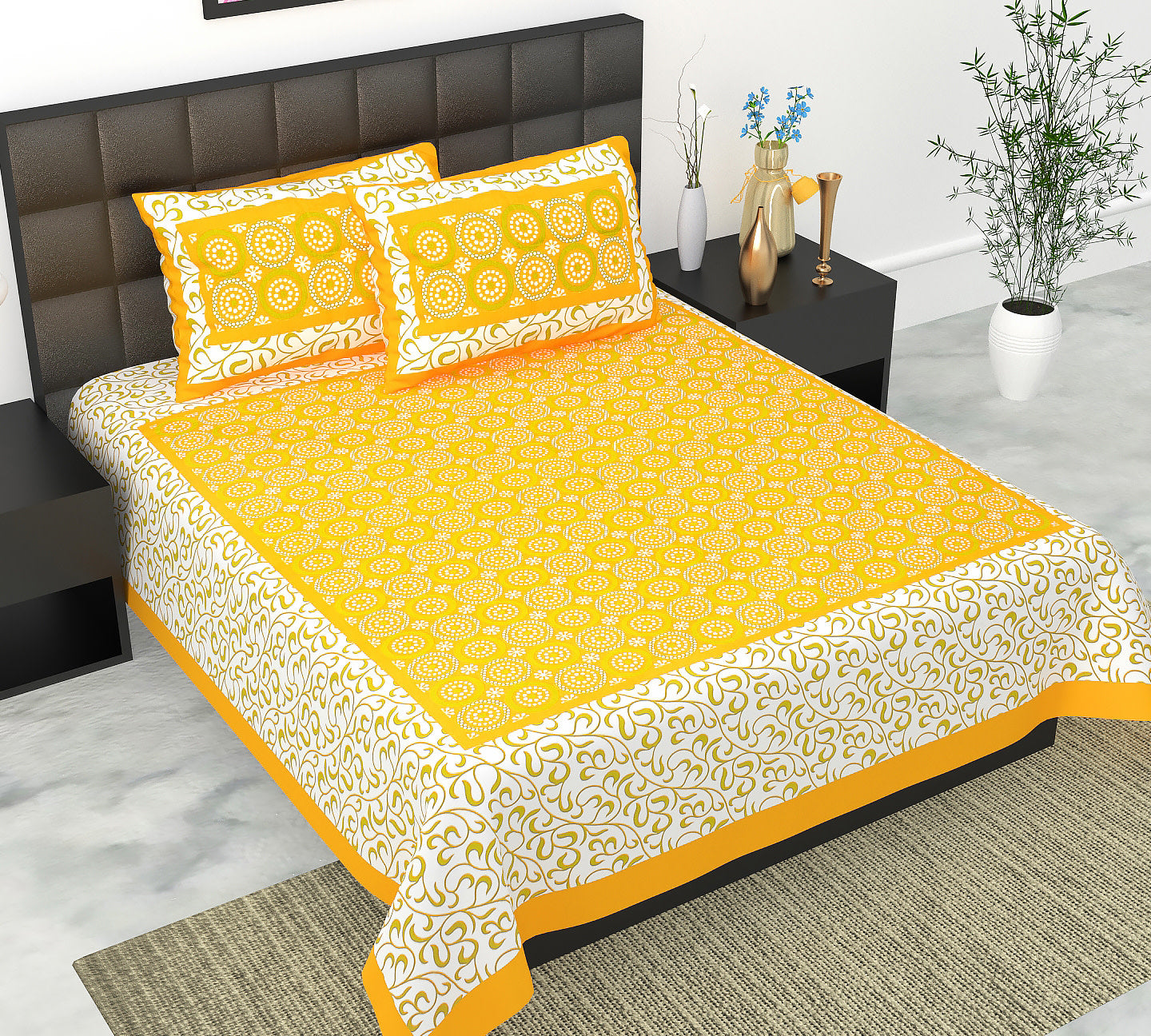 Cotton Double Jaipuri Prints Flat Bedsheet  With 2 Pillow Cover