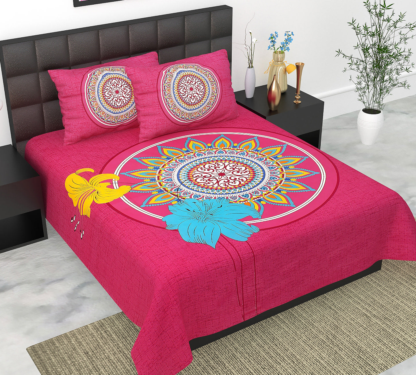 Cotton Double Jaipuri Prints Flat Bedsheet  With 2 Pillow Cover