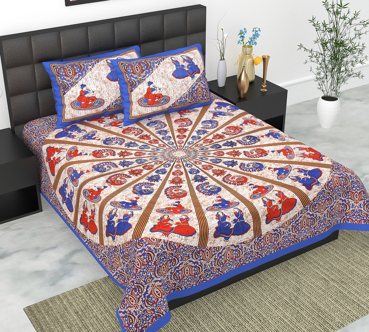 Cotton Double Jaipuri Prints Flat Bedsheet  With 2 Pillow Cover