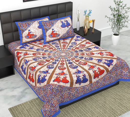Cotton Double Jaipuri Prints Flat Bedsheet  With 2 Pillow Cover