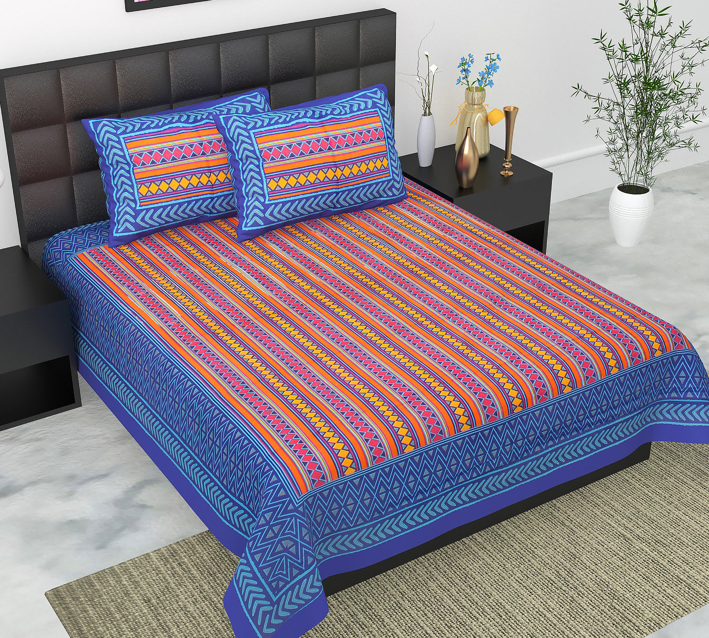 Cotton Double Jaipuri Prints Flat Bedsheet  With 2 Pillow Cover