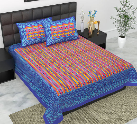 Cotton Double Jaipuri Prints Flat Bedsheet  With 2 Pillow Cover