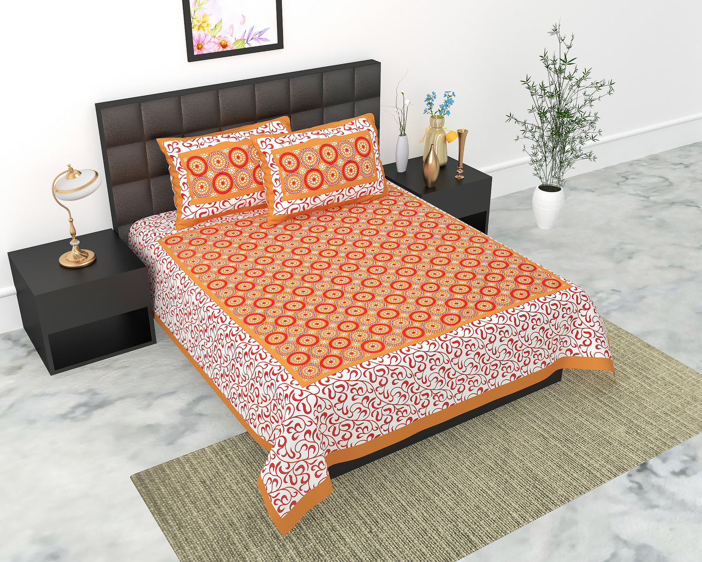 Cotton Double Jaipuri Prints Flat Bedsheet  With 2 Pillow Cover