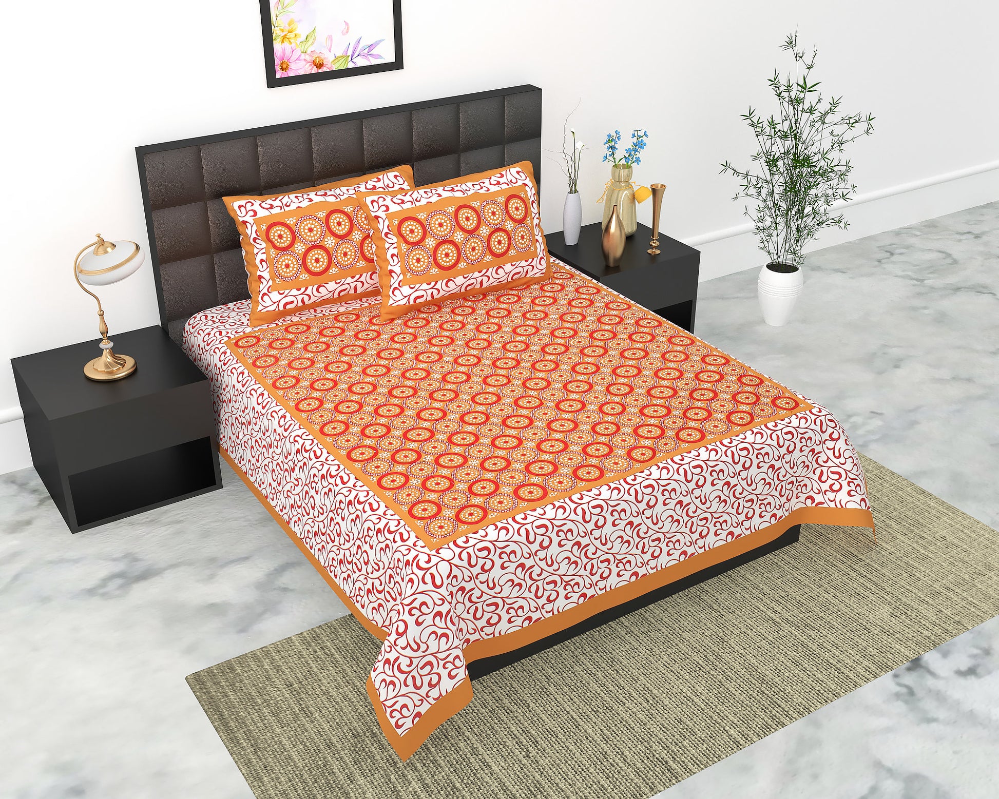 Cotton Double Jaipuri Prints Flat Bedsheet  With 2 Pillow Cover