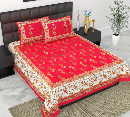 Cotton Double Jaipuri Prints Flat Bedsheet  With 2 Pillow Cover
