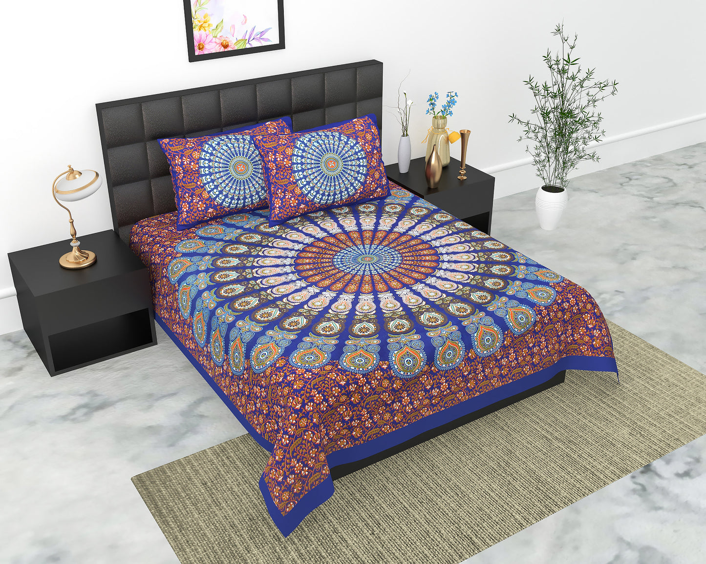 Cotton Double Jaipuri Prints Flat Bedsheet  With 2 Pillow Cover
