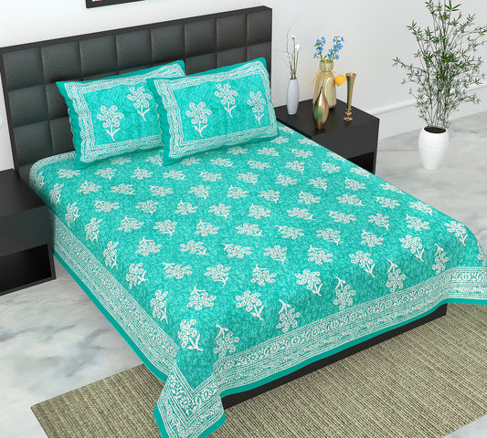 Cotton Double Jaipuri Prints Flat Bedsheet  With 2 Pillow Cover