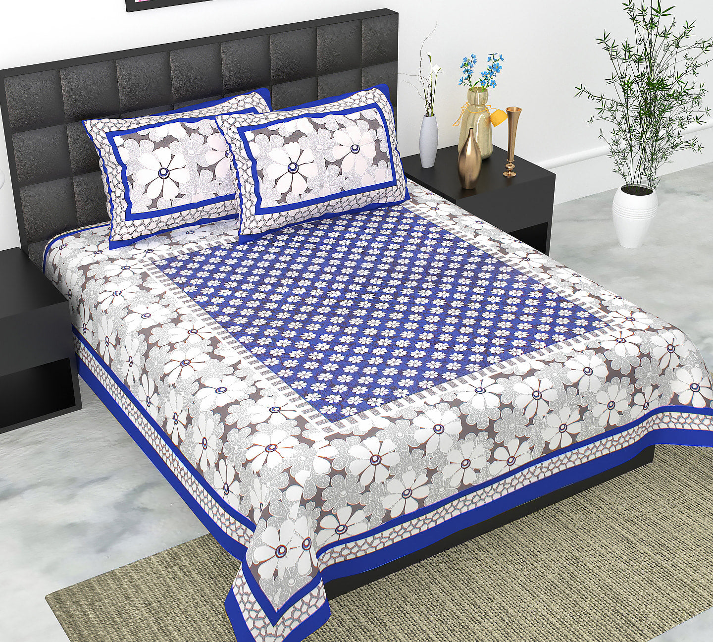 Cotton Double Jaipuri Prints Flat Bedsheet  With 2 Pillow Cover