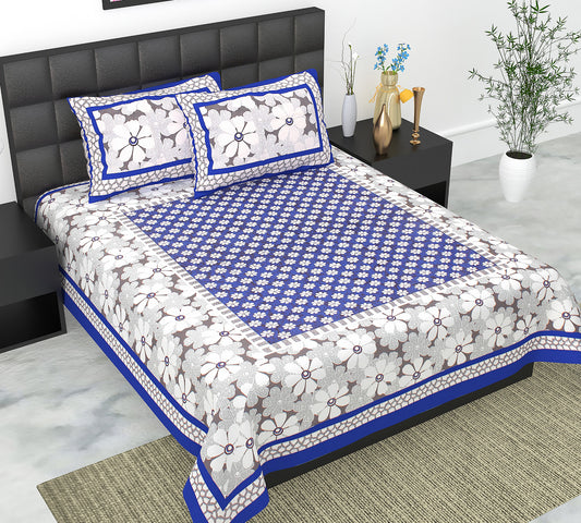 Cotton Double Jaipuri Prints Flat Bedsheet  With 2 Pillow Cover