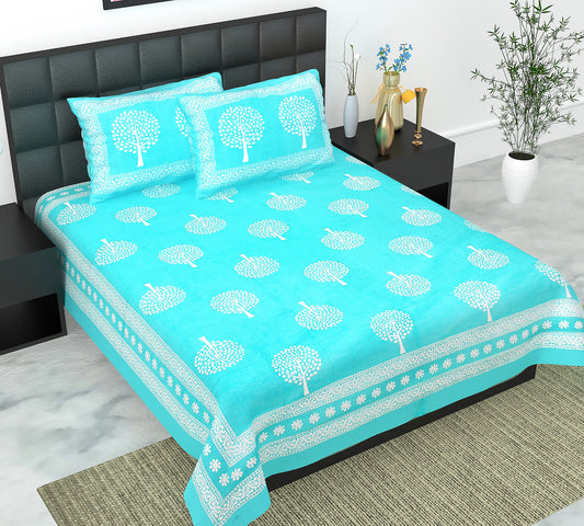 Cotton Double Jaipuri Prints Flat Bedsheet  With 2 Pillow Cover