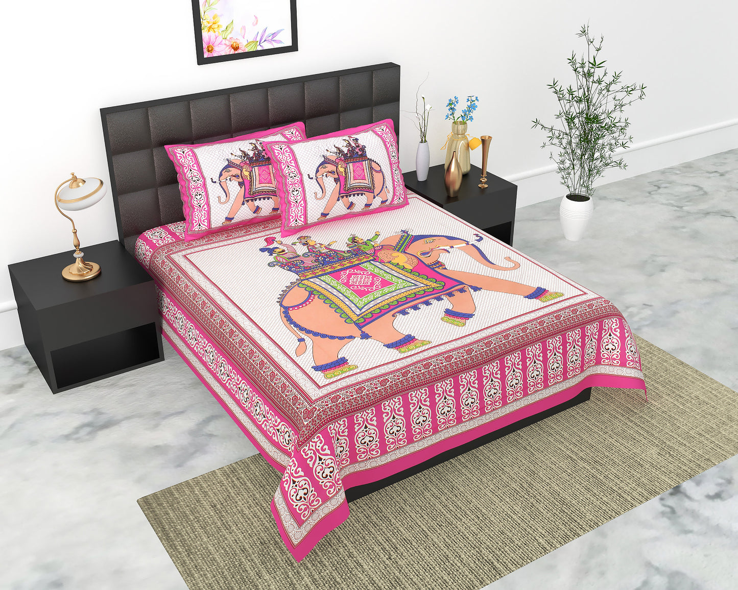 Cotton Double Jaipuri Prints Flat Bedsheet  With 2 Pillow Cover