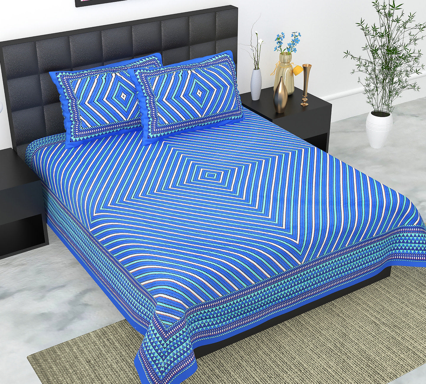 Cotton Double Jaipuri Prints Flat Bedsheet  With 2 Pillow Cover