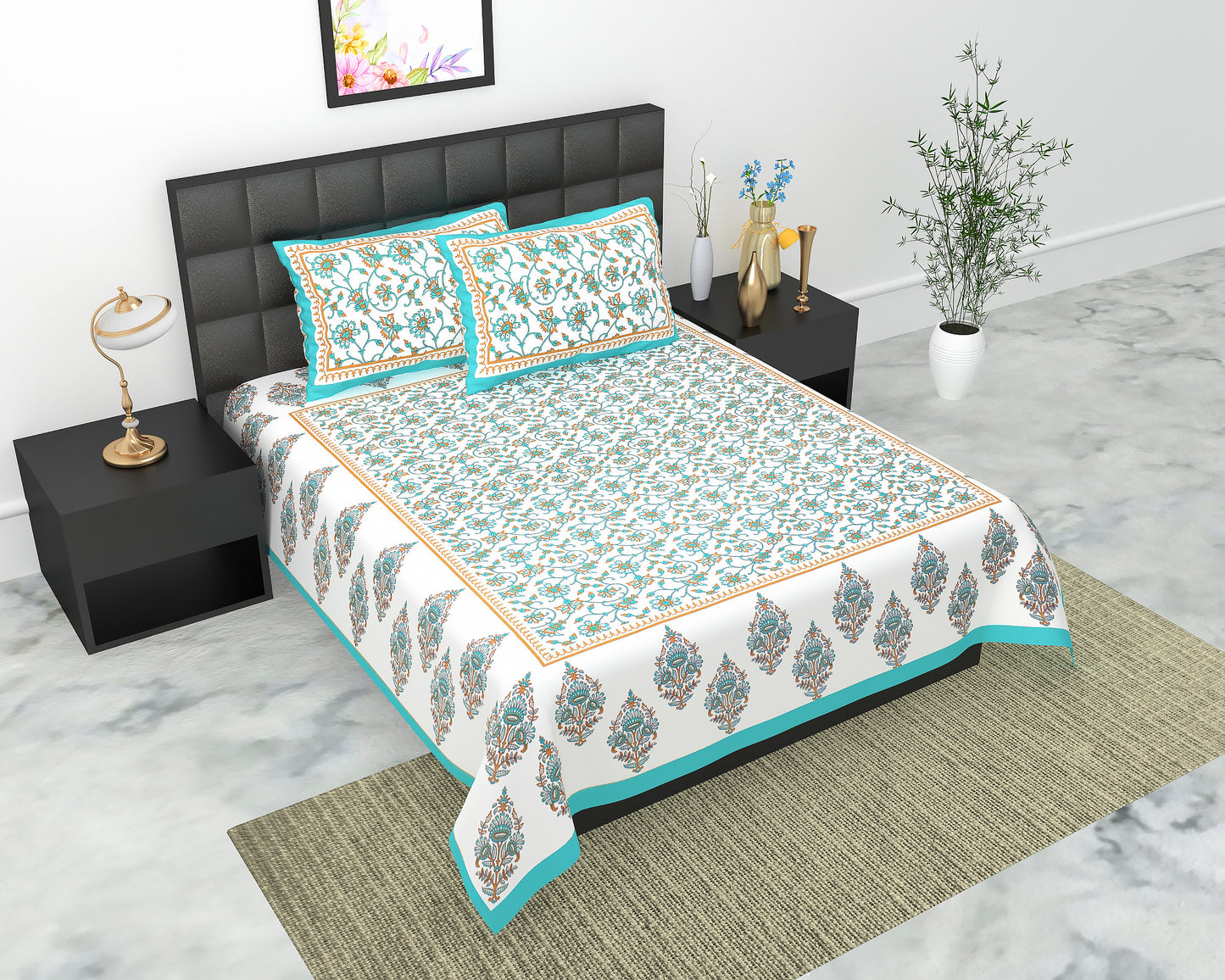 Cotton Double Jaipuri Prints Flat Bedsheet  With 2 Pillow Cover