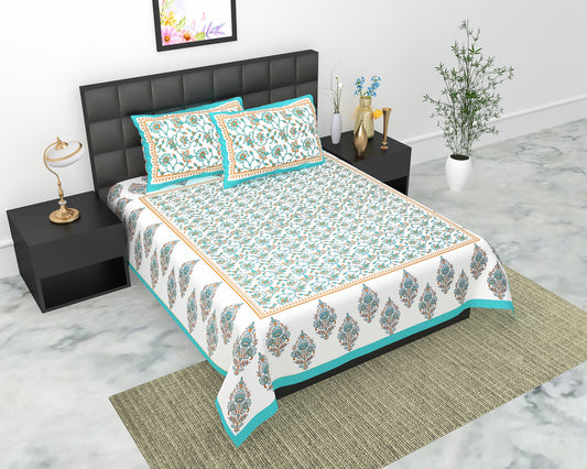 Cotton Double Jaipuri Prints Flat Bedsheet  With 2 Pillow Cover
