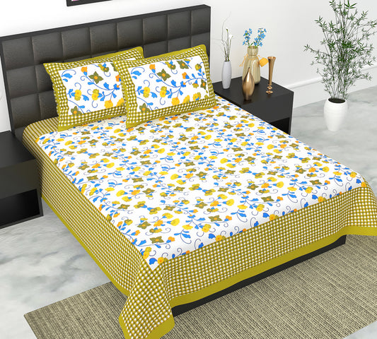 Cotton Double Jaipuri Prints Flat Bedsheet  With 2 Pillow Cover